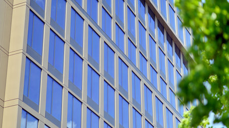 Reflection of modern commercial building on glass with sunlight. eco architecture. Green tree and...