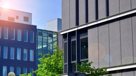 eco architecture. Details of facade glass and aluminum panels on building. Green tree and modern office building. The harmony of nature and modernity.の写真素材