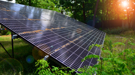 Photovoltaic panels standing on a paved surface against the background of trees and bushes. Solar...