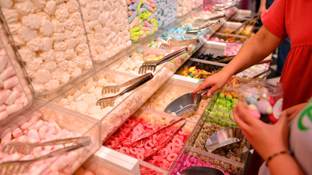 Plastic jars filled with colorful candy in shop.