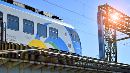 Szczecin, Poland. 7 September 2023. Regional train on the viaductのeditorial素材