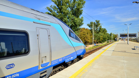 Warsaw, Poland. 5 September 2023. PKP Intercity Polish train sleeping car at station platform...