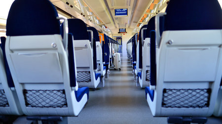 Warsaw, Poland. 7 September 2023. Interior of a passenger train. Empty chairs in the wagon. PKP Intercity.のeditorial素材
