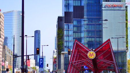 Warsaw, Poland. 10 September 2023. Roundabout Daszynski. Skyscrapers in the financial district of downtown Warsaw.のeditorial素材
