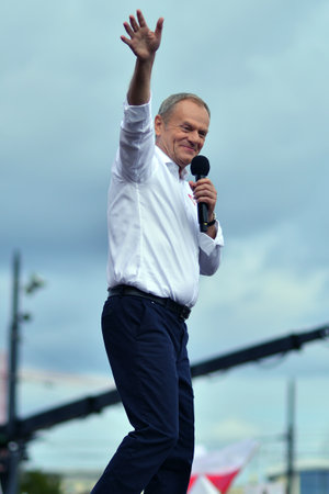 Warsaw, Poland. 1 October 2023. Donald Tusk during the biggest demonstrations seen in Poland since the fall of communism. March of a Million Hearts.のeditorial素材