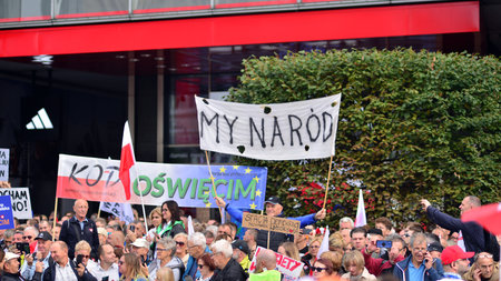 Warsaw, Poland. October 1, 2023. March of a Million Hearts. Hundreds of thousands march in anti-government protest to show support for democracy. The spontaneous reaction of peopleのeditorial素材