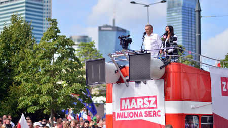 Warsaw, Poland. October 1, 2023. March of a Million Hearts. Hundreds of thousands march in anti-government protest to show support for democracy. The spontaneous reaction of peopleのeditorial素材