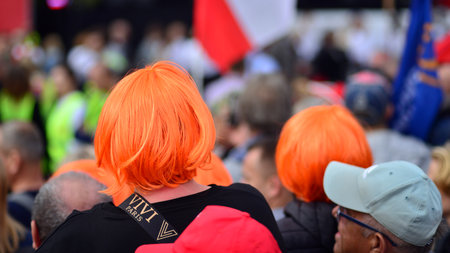 Warsaw, Poland. October 1, 2023. March of a Million Hearts. Hundreds of thousands march in anti-government protest to show support for democracy. The spontaneous reaction of peopleのeditorial素材