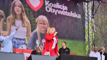 Warsaw Poland. October 1, 2023. Million Hearts March. Artists appeared on the stage at the end of the march route and sang the song "I Love Freedom" together.のeditorial素材