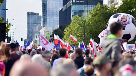 Warsaw, Poland. October 1, 2023. March of a Million Hearts. Hundreds of thousands march in anti-government protest to show support for democracy. The spontaneous reaction of peopleのeditorial素材