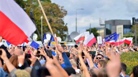 Warsaw, Poland. October 1, 2023. March of a Million Hearts. Hundreds of thousands march in anti-government protest to show support for democracy. The spontaneous reaction of peopleのeditorial素材