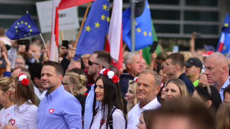 Warsaw, Poland. October 1, 2023. March of a Million Hearts. Hundreds of thousands march in anti-government protest to show support for democracy. The spontaneous reaction of peopleのeditorial素材
