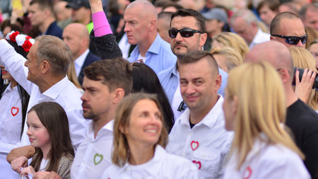 Warsaw, Poland. 1 October 2023. Donald Tusk during the biggest demonstrations seen in Poland since the fall of communism. March of a Million Hearts.のeditorial素材