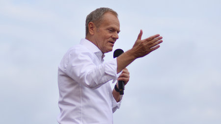 Warsaw, Poland. 1 October 2023. Donald Tusk during the biggest demonstrations seen in Poland since the fall of communism. March of a Million Hearts.のeditorial素材