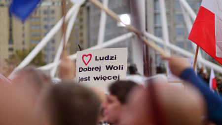 Warsaw, Poland. October 1, 2023. March of a Million Hearts. Hundreds of thousands march in anti-government protest to show support for democracy. The spontaneous reactionのeditorial素材