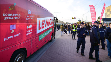 Warsaw, Poland. October 9, 2023.. Election bus of the Left Party. Joanna Scheuring-Wielgus comes to the television studio for an election debate.のeditorial素材