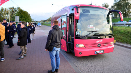 Warsaw, Poland. October 9, 2023.. Election bus of the Left Party. Joanna Scheuring-Wielgus comes to the television studio for an election debate.のeditorial素材