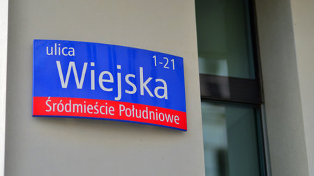 Warsaw, Poland. 17 October 2023. Sign Wiejska. Village Streetのeditorial素材
