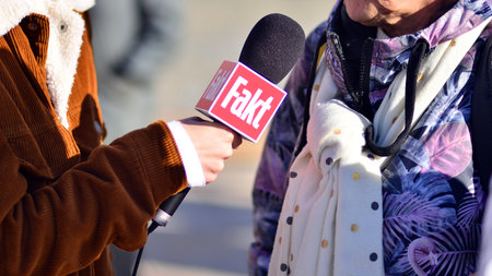 Warsaw, Poland. 24 October 2023. Microphone with the logo of the TV news channel. Sign Fact.