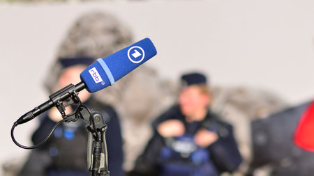 Warsaw, Poland. 24 October 2023. Microphone with the logo of the TV news channel. Sign RBB. ARD.