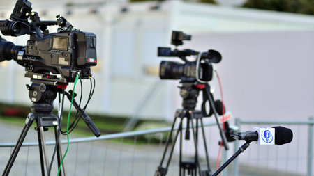 Warsaw, Poland. 24 October 2023. TV station camera under the Presidential Palace.のeditorial素材