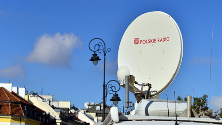 Warsaw, Poland. 24 October 2023. TV news car. Special transport for reporters. Mobile Television in Presidential Palace to transmit a signal. Live from the scene. Sign Polish Councilのeditorial素材