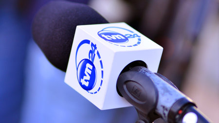 Warsaw, Poland. 24 October 2023. Microphone with the logo of the TV news channel. Sign TVN24.