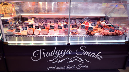 Warsaw, Poland. 28 October 2023. "Tradycja Smaku" cold cuts and meat stand at the Norblin Factory.のeditorial素材