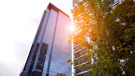 Abstract reflection of modern city glass facades. Modern office building detail, glass surface.の写真素材