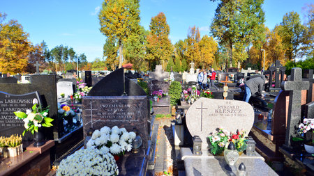 Warsaw, Poland. 1 November 2023. Parish cemetery in Warszawa Radosc at Izbicka Streetのeditorial素材