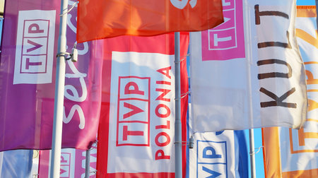 Warsaw, Poland. 10 May 2016: Flags with name and logo of the Polish Television.