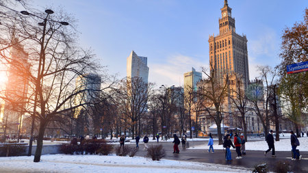 Warsaw, Poland. December 5, 2023. Old and modern architecture in the center of Warsaw. Park among urban landscape in winter.のeditorial素材