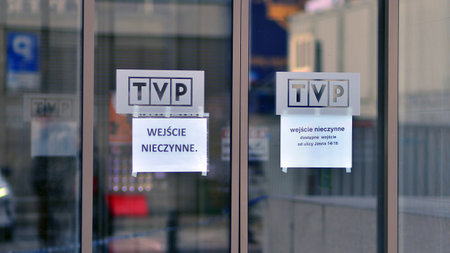 Warsaw, Poland. 29 December 2023. A sign on the door informing about closed doors.The logo of TVP...