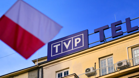 Warsaw, Poland. December 29, 2023. Signage on the building facade. TVP Telewizja Polska (Polish...