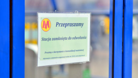 Warsaw, Poland. 29 December 2023. A sign in the entrance to the metro. The subway is closed.