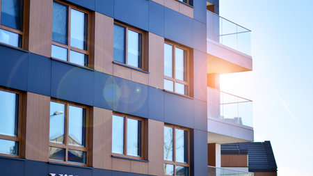 Modern architecture of urban residential apartment building. Apartment building exterior,...