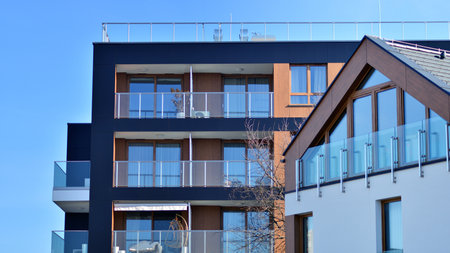 Modern architecture of urban residential apartment building. Apartment building exterior,...