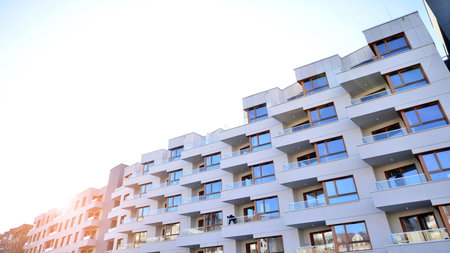 Modern architecture of urban residential apartment building. Apartment building exterior,...