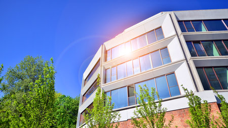 Eco architecture. Green tree and new residential building. Harmony of nature and modernity. Modern...
