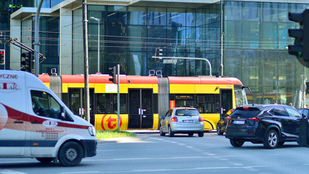 Warsaw, Poland. 11 April 2024. Car traffic at rush hour in downtown area of the city. City center with cars and buildings in the background.のeditorial素材