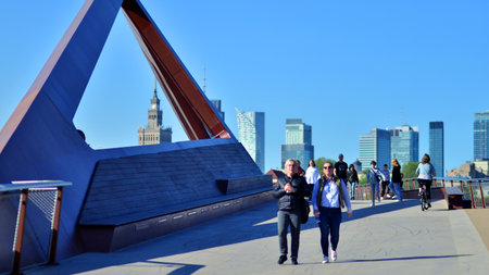 Warsaw, Poland. 11 April 2024. Bridge over the Vistula River intended only for pedestrians and...