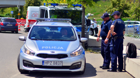 Warsaw, Poland. 16 June 2024. Police prepared to protect the Euro 2024 fan zone.のeditorial素材