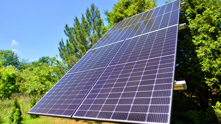 Solar power station generating clean energy. Solar panels in the nature.