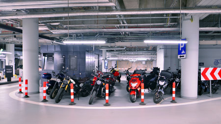 Warsaw, Poland. July 9, 2024. Underground parking for motorcycles at the Norblin Factoryのeditorial素材