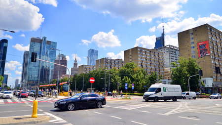 Warsaw, Poland. July 9, 2024. Car traffic in downtown area of the city. City center with cars and...