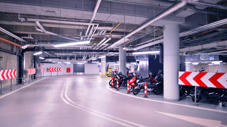 Warsaw, Poland. July 9, 2024. Underground parking for motorcycles at the Norblin Factoryのeditorial素材