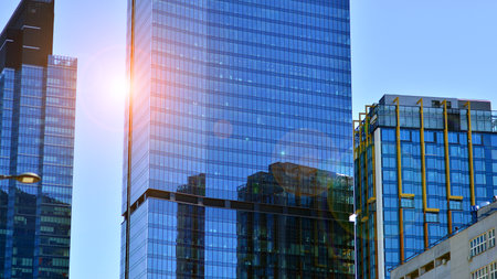 Modern sustainable glass office buildings. Exterior view of corporate headquarters glass buildings...
