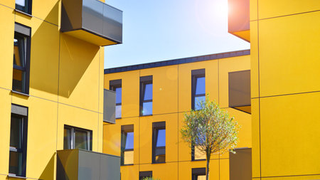 Modern architecture of urban residential apartment buildings on a sunny day. Facade of a modern apartment building.の写真素材