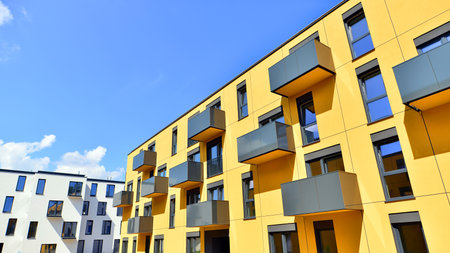 Modern architecture of urban residential apartment buildings on a sunny day. Facade of a modern...
