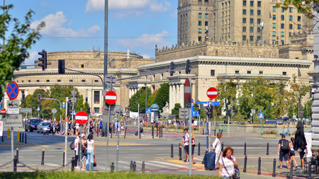 Warsaw, Poland. 17 August 2024. Urban landscape with buildings and cars in the Srodmiescie district.のeditorial素材